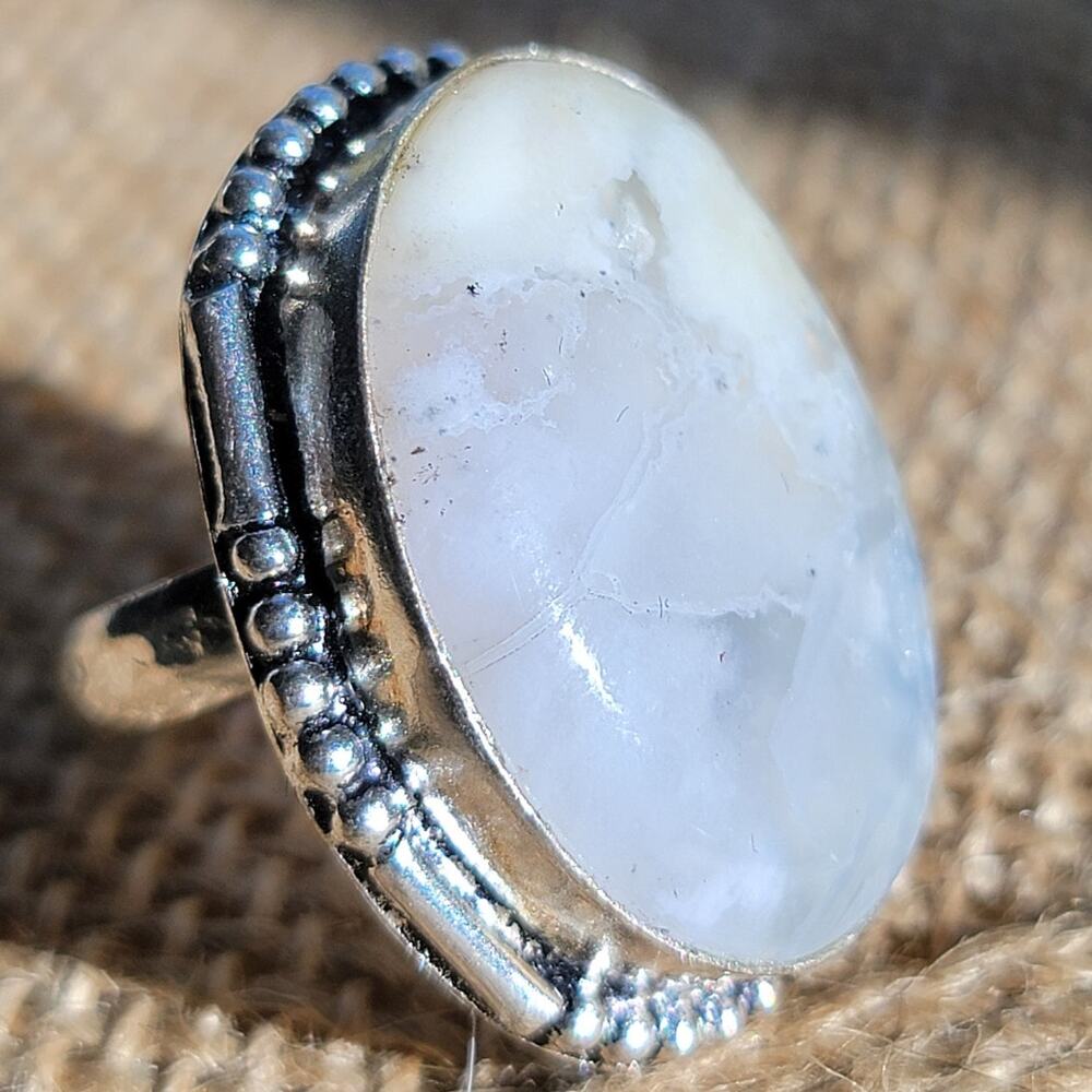 Handcrafted Sterling Silver White Agate Ring, Size 7.25 Natural Stone Jewelry